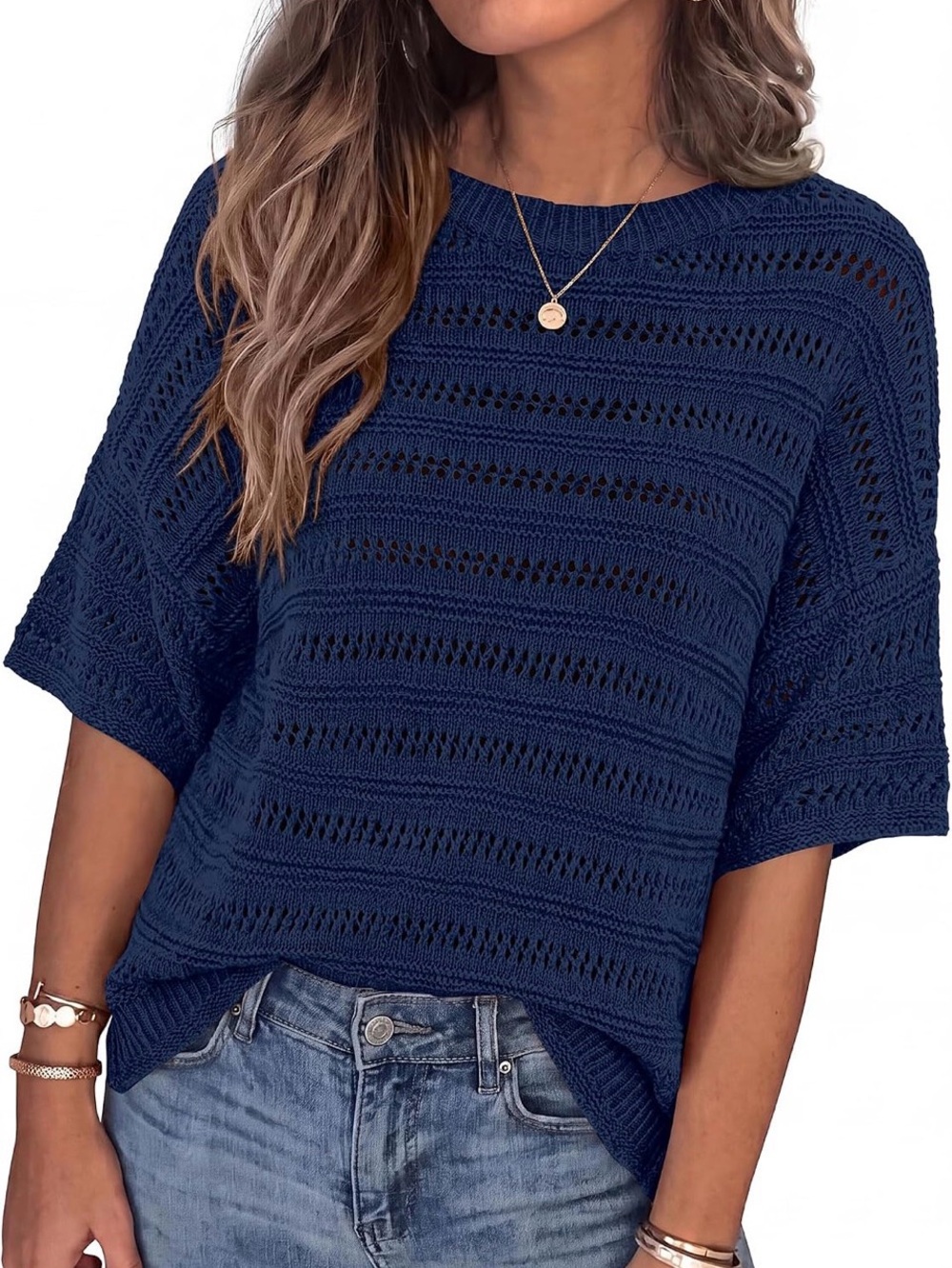 KIRUNDO Navy Blue Crochet Open Stitch Sweater Women’s Medium